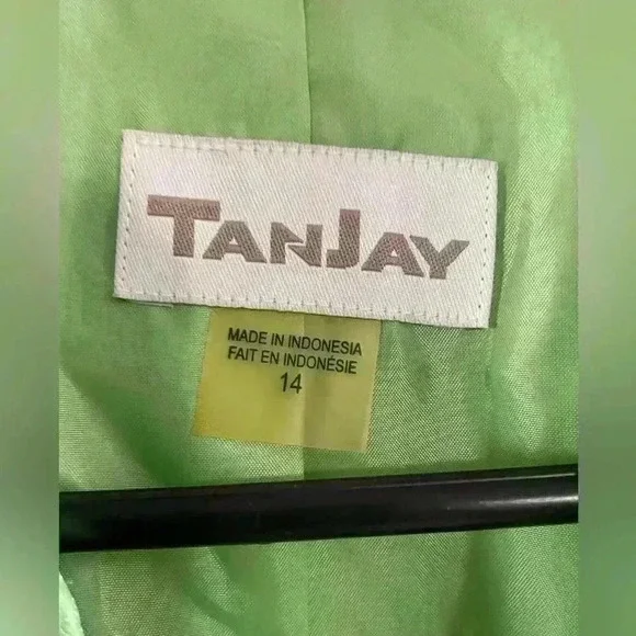 Tan Jay Jacket Lime Green Metallic Collared 3/4 Sleeve Buttons Lined Size 14 - Picture 3 of 9